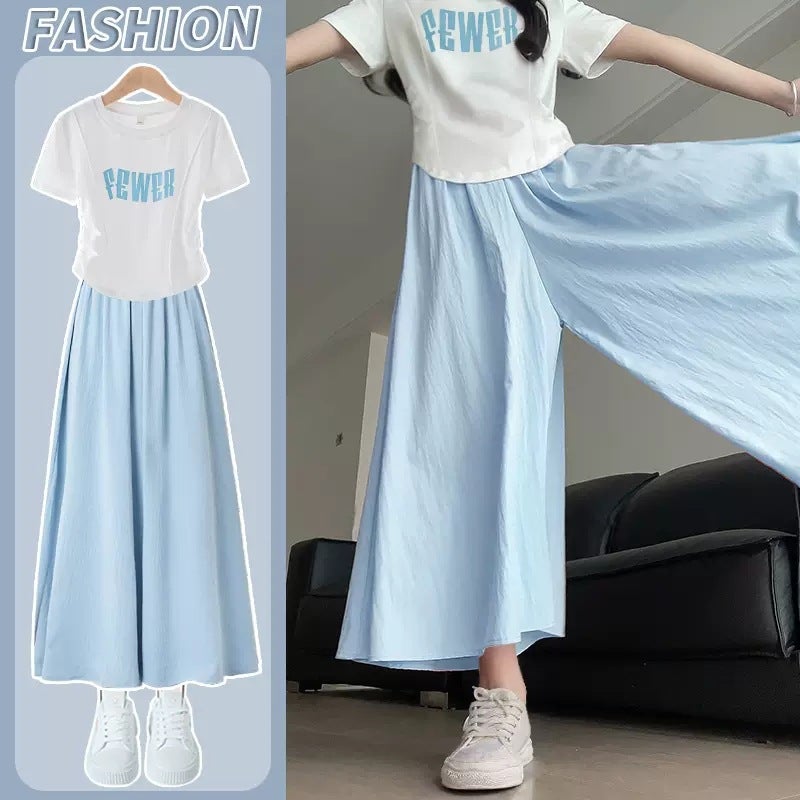 Girls suit Summer New Korean Style Fashionable Internet Celebrant Little Girl Casual Short-Sleeved Wide-Leg Pants Two-Piece Set blue - Image 4