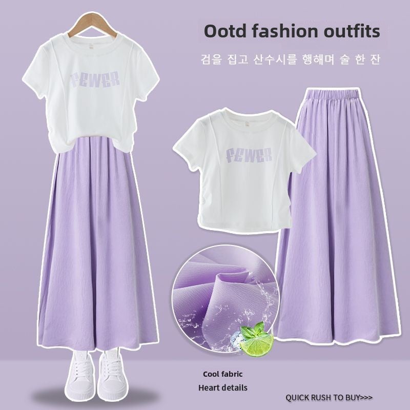 Girls suit Summer New Korean Style Fashionable Internet Celebrant Little Girl Casual Short-Sleeved Wide-Leg Pants Two-Piece Set blue - Image 2