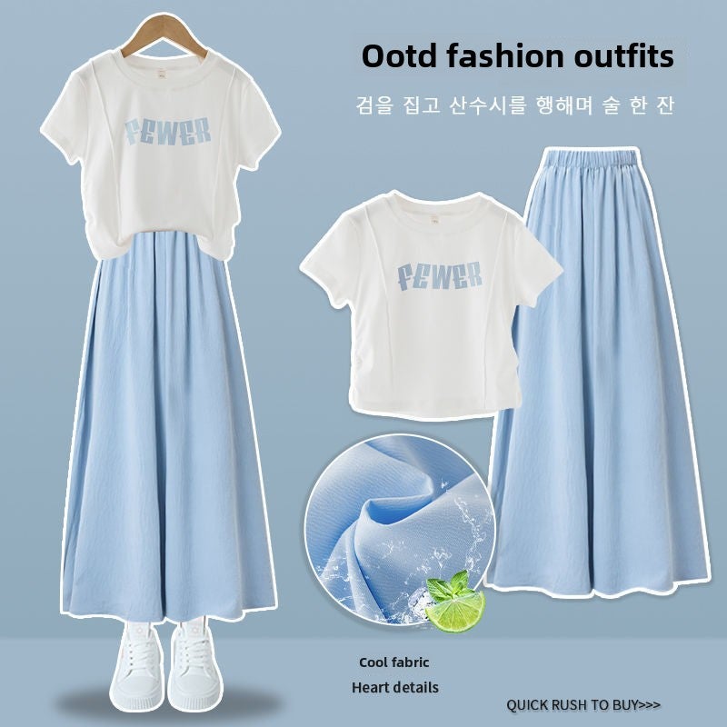Girls suit Summer New Korean Style Fashionable Internet Celebrant Little Girl Casual Short-Sleeved Wide-Leg Pants Two-Piece Set blue - Image 3