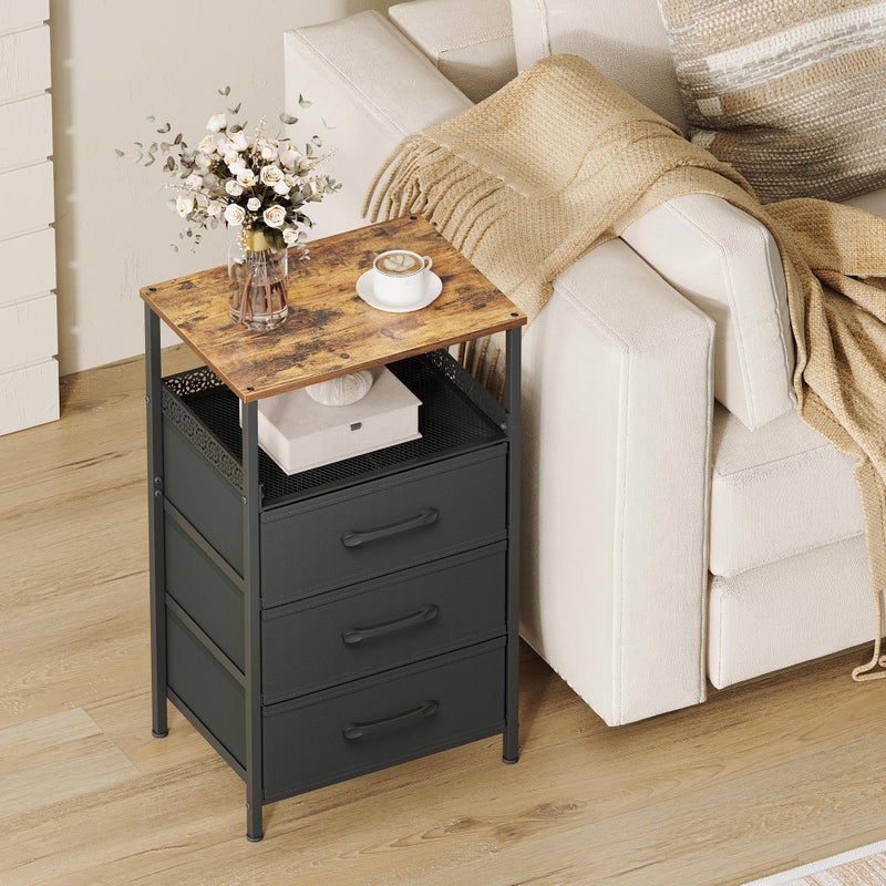 JARHETUN Nightstand Set of 2, Night Stands with 3 Fabirc Drawers, 26.4 Inch Tall Bedside Table with Metal Shelf, Modern Side End Table Storage Furniture, Small Dresser for Bedroom, Rustic Brown - Image 4