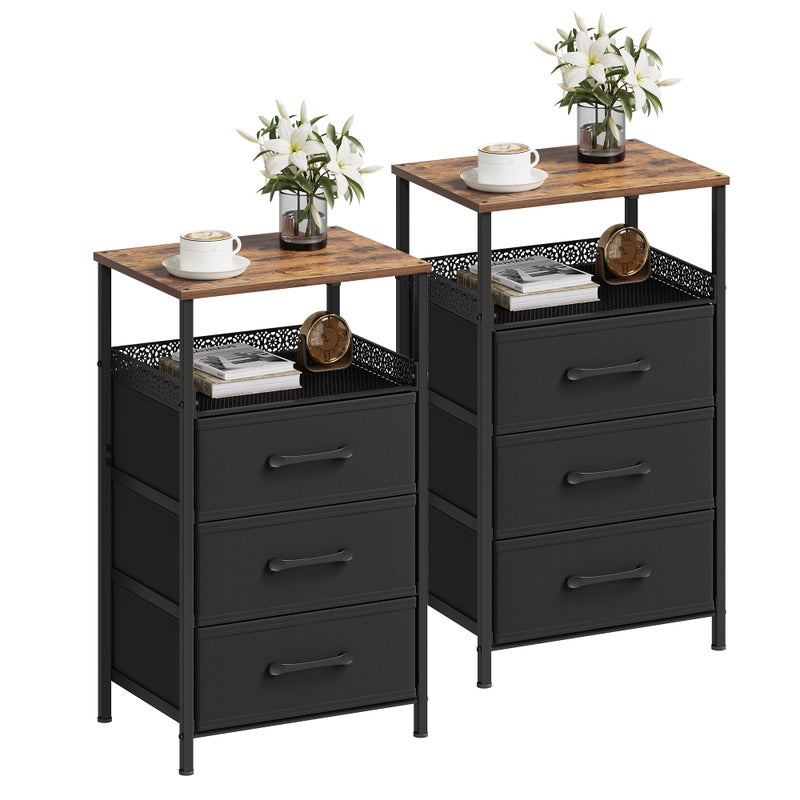 JARHETUN Nightstand Set of 2, Night Stands with 3 Fabirc Drawers, 26.4 Inch Tall Bedside Table with Metal Shelf, Modern Side End Table Storage Furniture, Small Dresser for Bedroom, Rustic Brown - Image 1