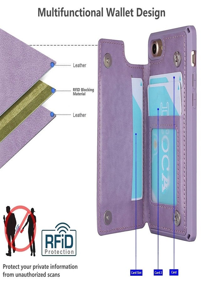 iCoverCase Compatible with iPhone SE 2022/SE 2020/7/8 Phone Case with Card Holder, Wallet Case for Women, RFID Blocking Embossed PU Leather Wrist Strap Case (Heart Purple) - Image 3