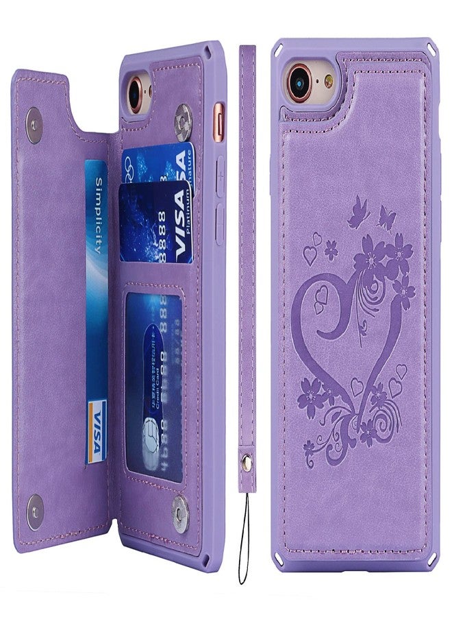 iCoverCase Compatible with iPhone SE 2022/SE 2020/7/8 Phone Case with Card Holder, Wallet Case for Women, RFID Blocking Embossed PU Leather Wrist Strap Case (Heart Purple) - Image 1