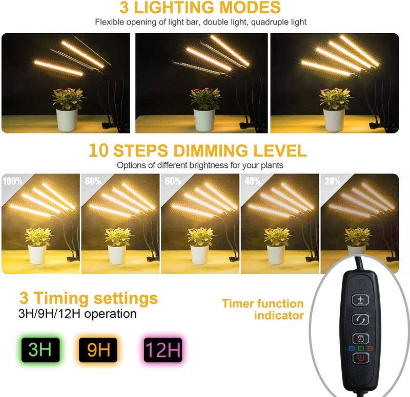 bseah Plant Lights for Indoor Plants, Grow Lights for Seed Starting Auto ON & Off Full Spectrum LED with Timer 4 Tubes - Image 3