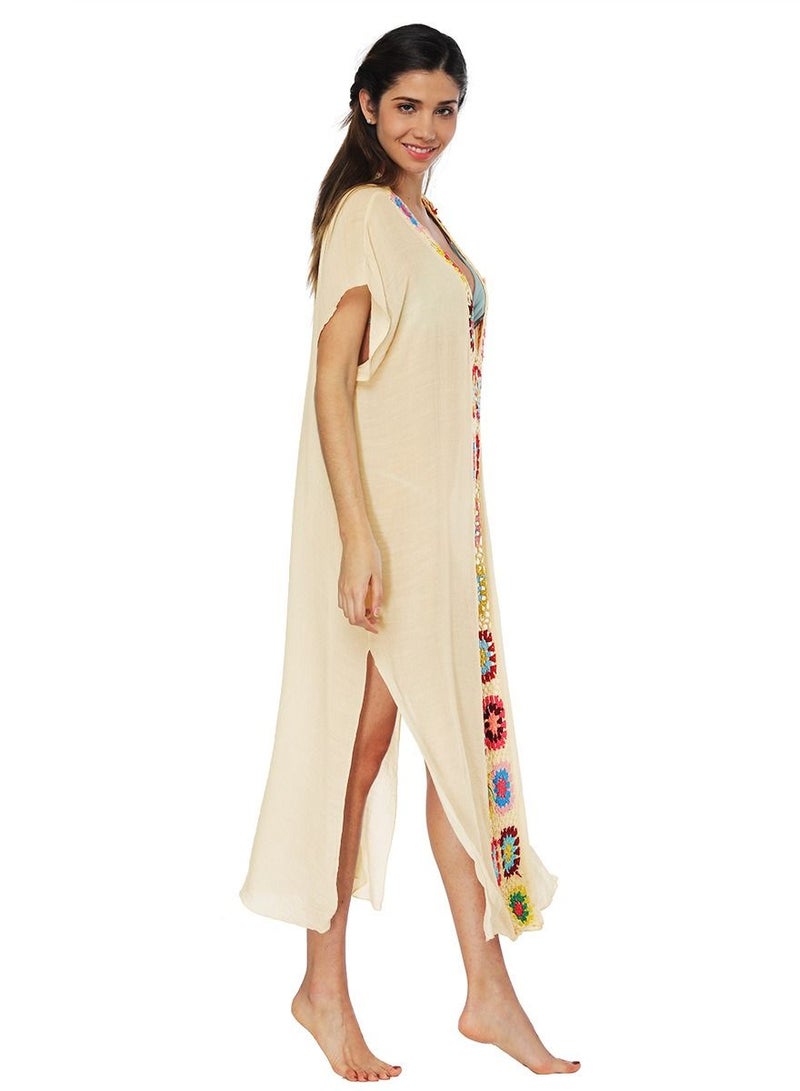 Loquat Fashion V-Neck Beach Dress Beige - Image 1