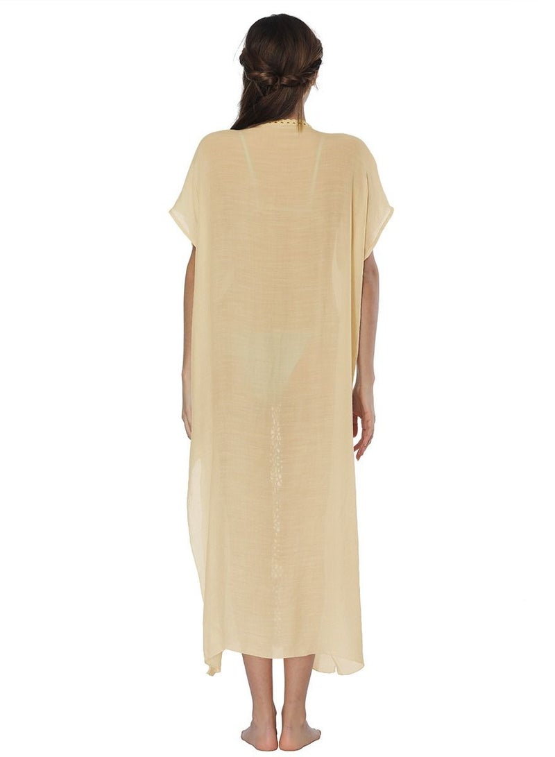 Loquat Fashion V-Neck Beach Dress Beige - Image 3