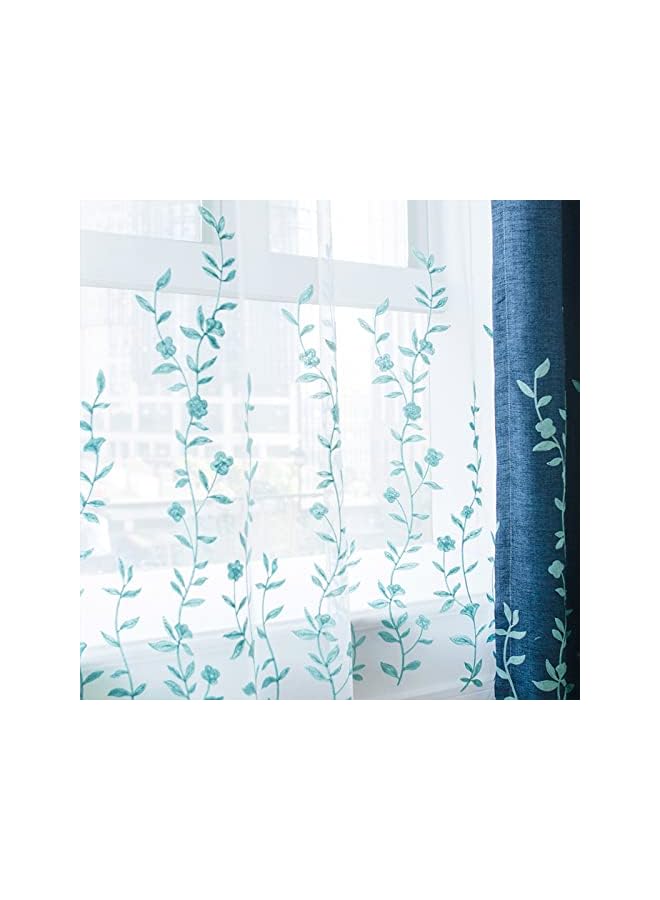 The Bros Flower Embroidery Sheer Curtain for Living Room, Bedroom Farmhouse Style Rod Pocket Voile Drape, White/Blue, 52 by 84 Inch (1 Panel) - Image 3