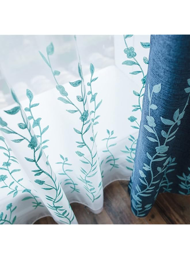 The Bros Flower Embroidery Sheer Curtain for Living Room, Bedroom Farmhouse Style Rod Pocket Voile Drape, White/Blue, 52 by 84 Inch (1 Panel) - Image 1