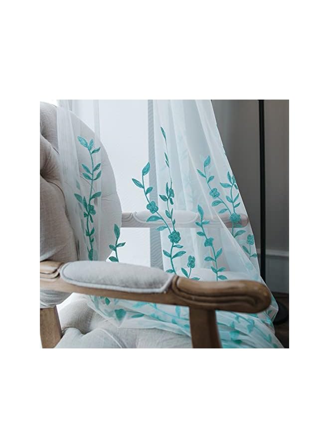 The Bros Flower Embroidery Sheer Curtain for Living Room, Bedroom Farmhouse Style Rod Pocket Voile Drape, White/Blue, 52 by 84 Inch (1 Panel) - Image 4