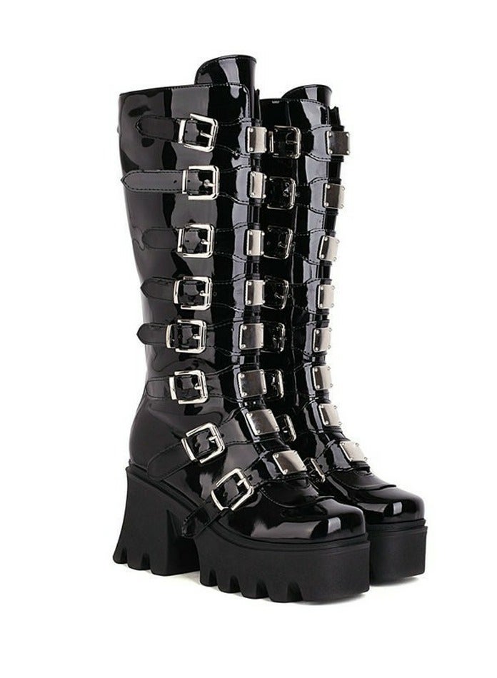 Loquat Women's Punk Thick Soled Buckle Knee High Boots Round toe Platform Booties Black  - Image 1