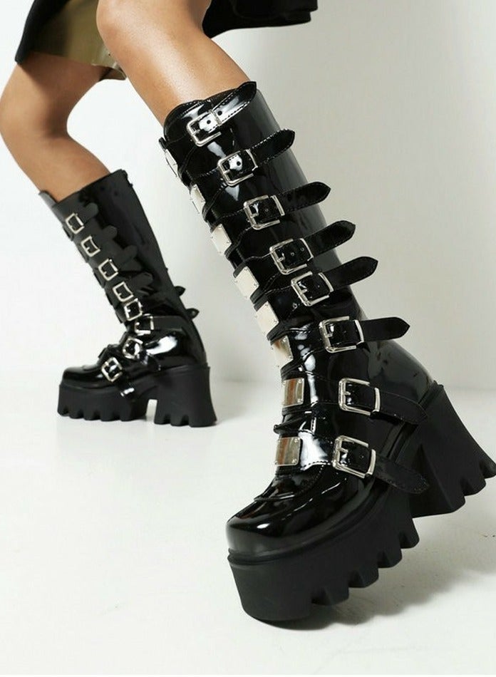 Loquat Women's Punk Thick Soled Buckle Knee High Boots Round toe Platform Booties Black  - Image 2