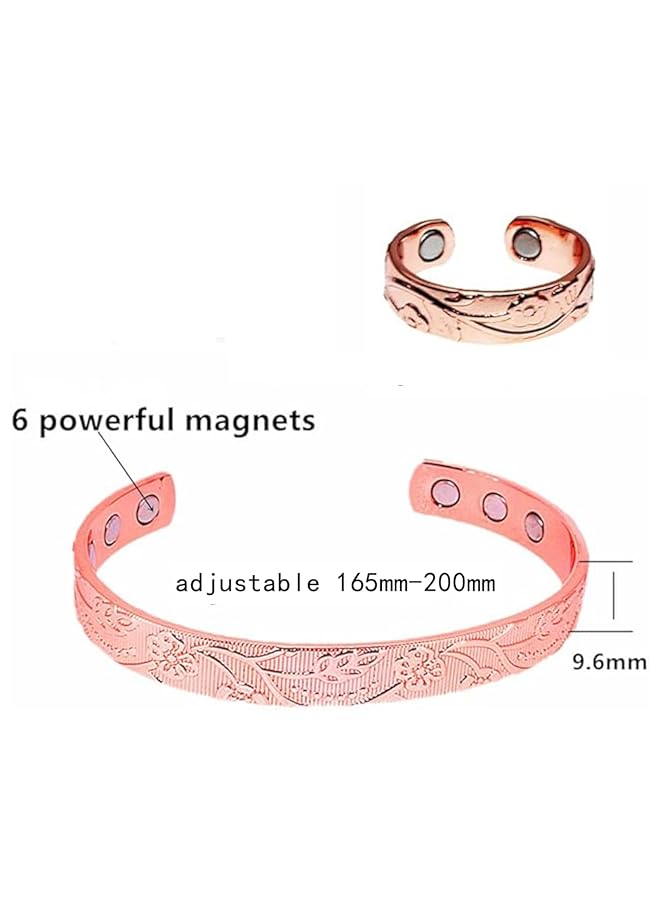 إيروريكس خاتم وسوار مغناطيسي من النحاس الخالص قابل للتعديل الحجم للنساء مجموعة من قطعتين من النحاس - Image 3