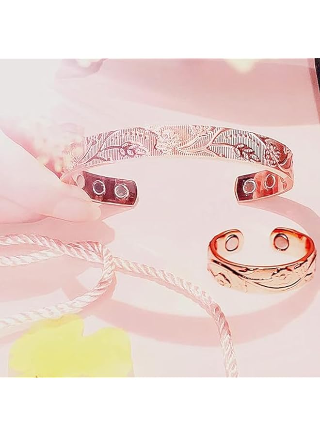 إيروريكس خاتم وسوار مغناطيسي من النحاس الخالص قابل للتعديل الحجم للنساء مجموعة من قطعتين من النحاس - Image 4