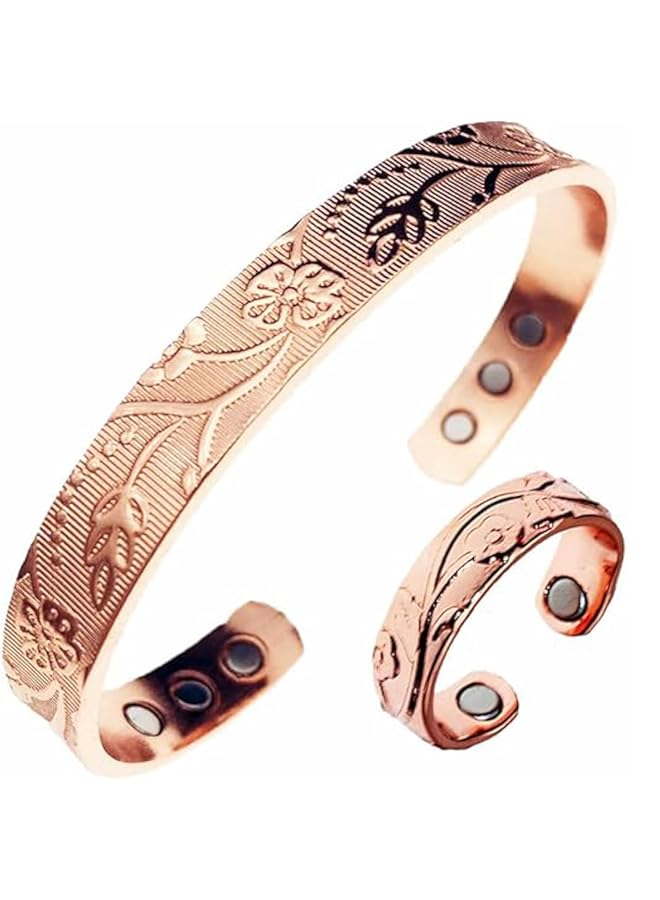 إيروريكس خاتم وسوار مغناطيسي من النحاس الخالص قابل للتعديل الحجم للنساء مجموعة من قطعتين من النحاس - Image 1