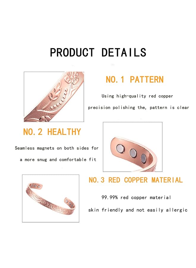 إيروريكس خاتم وسوار مغناطيسي من النحاس الخالص قابل للتعديل الحجم للنساء مجموعة من قطعتين من النحاس - Image 5