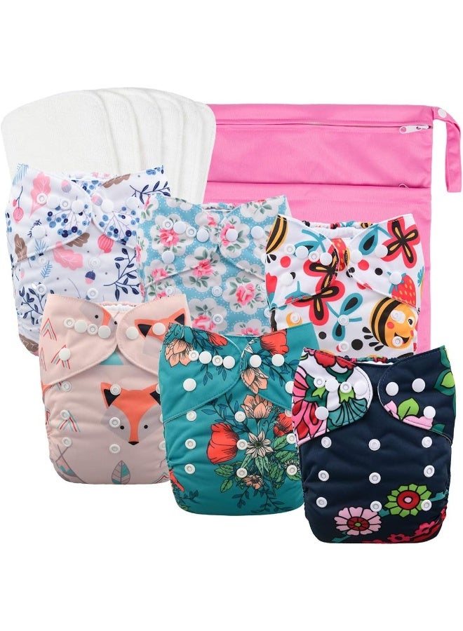 بيبي جول Babygoal Reusable Cloth Diapers for Girls, Adjustable Washable Nappy 6pcs+ 6pcs Microfiber Inserts+One Wet Bag - Image 1