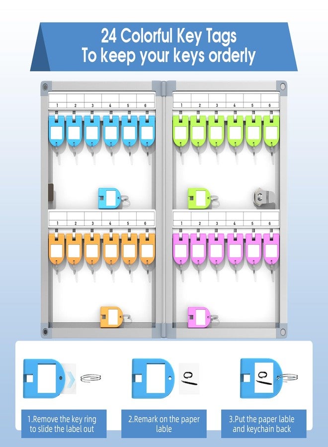 Lockbako 24 Slots Key Box Wall Mount with Code and Key, Key Lock Box with Combination, Key Storage Box with Key Hooks & Tags & Lables, 8.45" x 2.55" x 13" (Silver-Code Lock, 24 Keys) - Image 4
