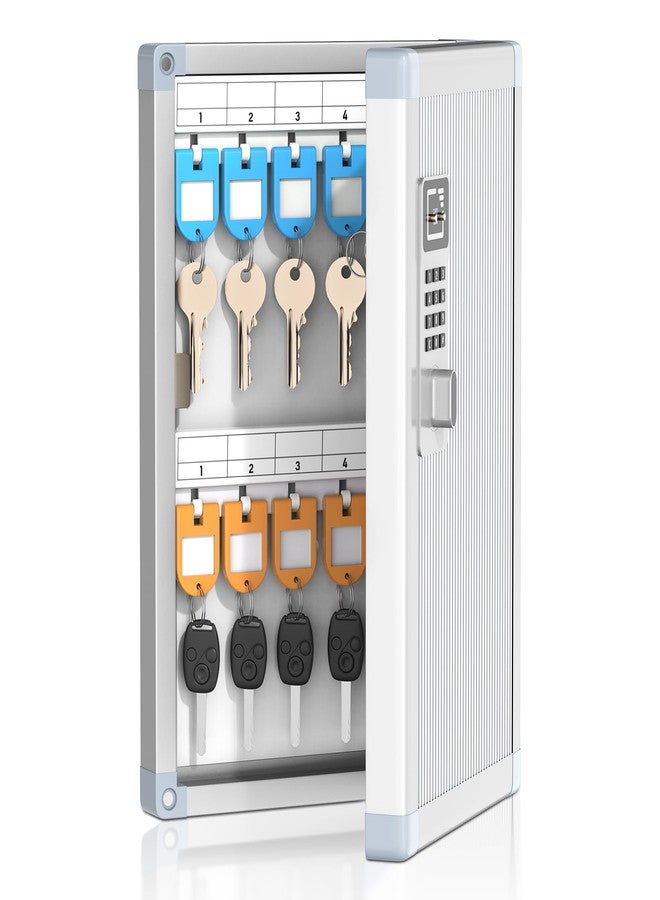Lockbako 24 Slots Key Box Wall Mount with Code and Key, Key Lock Box with Combination, Key Storage Box with Key Hooks & Tags & Lables, 8.45" x 2.55" x 13" (Silver-Code Lock, 24 Keys) - Image 1