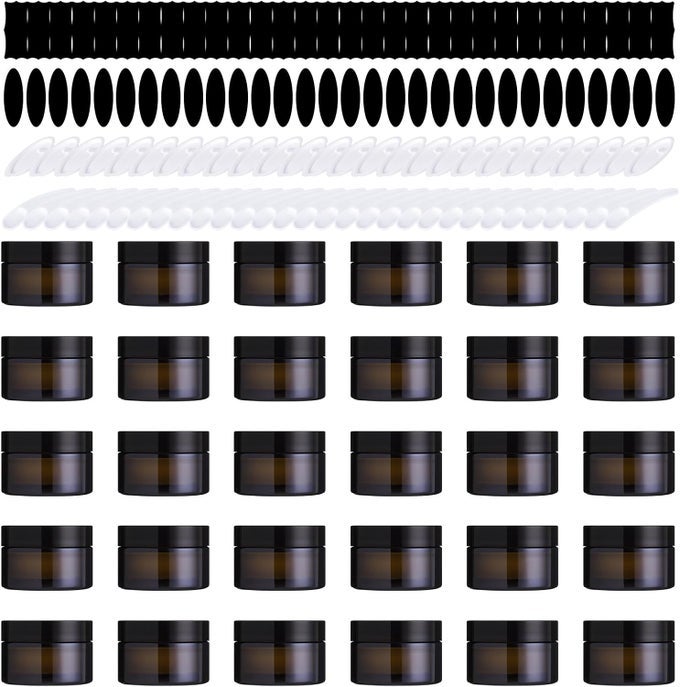 120PCS 30G AMBER GLASS JARS ASSORTMENT KIT WITH INNER LINERS AND BLACK LIDS SPOONS AND BLANK LABELS FOR STORING LIP AND BODY SCRUB LOTION BODY BUTTER BATH SALTS