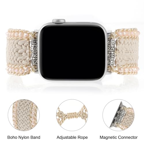 TERKOWQI Boho Nylon Band Compatible with Apple Watch 38mm 40mm 41mm 42mm 44mm 45mm 49mm, Adjustable Retro Bracelet Handmade Woven Braided Beaded Bohemian Strap for iWatch Series 9/8/SE/Ultra/7/6/5/4/3/2/1 - Image 4