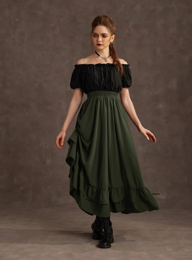 Scarlet Darkness Maxi Skirts for Women Renaissance Skirt Long Flowy Layered Medieval Skirt Olive Green XL - Image 2