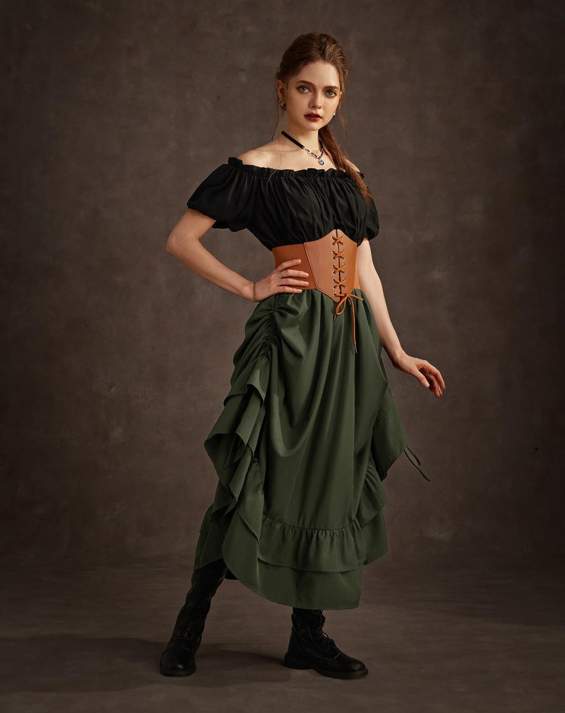 Scarlet Darkness Maxi Skirts for Women Renaissance Skirt Long Flowy Layered Medieval Skirt Olive Green XL - Image 3