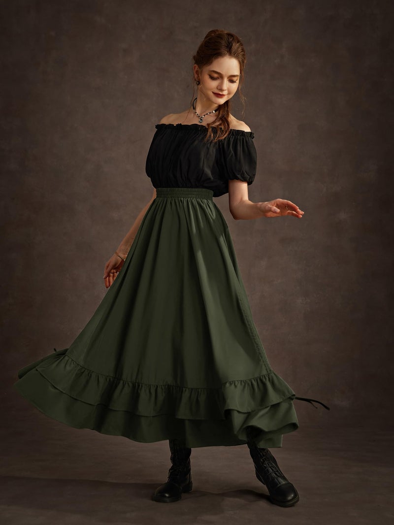 Scarlet Darkness Maxi Skirts for Women Renaissance Skirt Long Flowy Layered Medieval Skirt Olive Green XL - Image 5