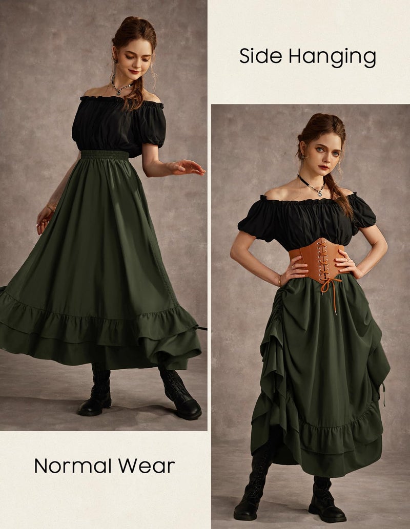 Scarlet Darkness Maxi Skirts for Women Renaissance Skirt Long Flowy Layered Medieval Skirt Olive Green XL - Image 4