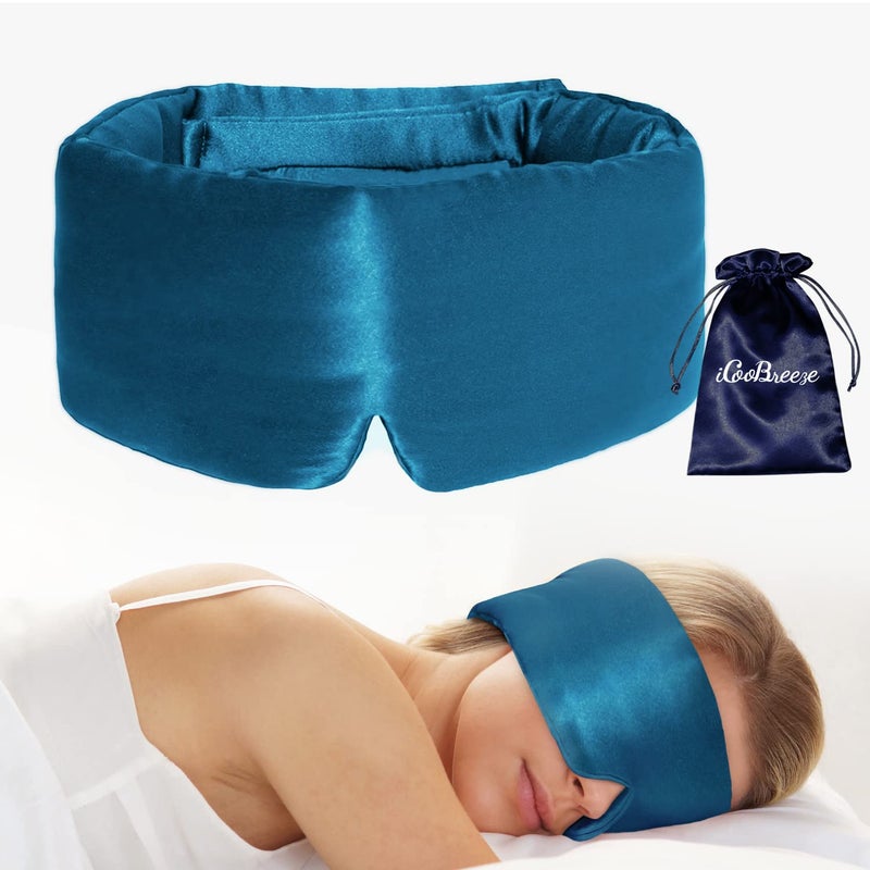 iCooBreeze 100 Natural Silk Eye Mask for Women Men Soft Pressureless Cooling Blackout Eye Covers for Sleeping Large Size Sleep Mask fits All Heads Adjustable 1PC Vivid Blue - Image 3