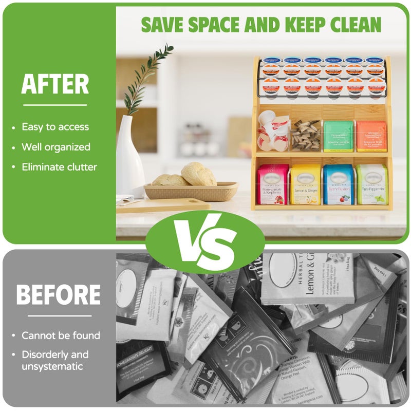 LASZOLA Bamboo Tea Bag and Coffee Holder Organizer for Cabinet Counter Office, 3 Tier Large Capacity Vertical K Cup and Tea Packet Storage Rack, Sturdy Display Stand, Easy Assemble - Image 4