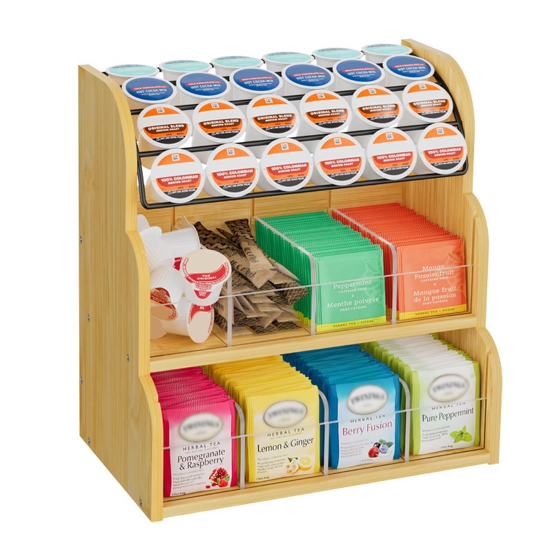LASZOLA Bamboo Tea Bag and Coffee Holder Organizer for Cabinet Counter Office, 3 Tier Large Capacity Vertical K Cup and Tea Packet Storage Rack, Sturdy Display Stand, Easy Assemble - Image 1