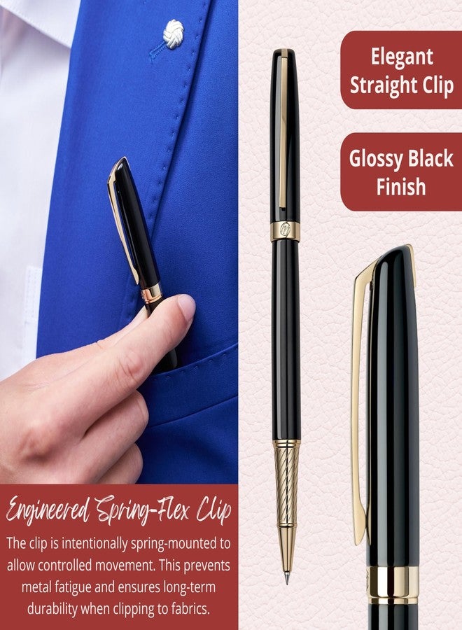 Massete Linea Executive Modern Luxury Rollerball Pen, Glossy Black with 23K Gold Plated Trim, Removable Cap, Engravable, Presented in Gift Box, Extra Refill Included, Fine Tip, Blue Ink - Image 2