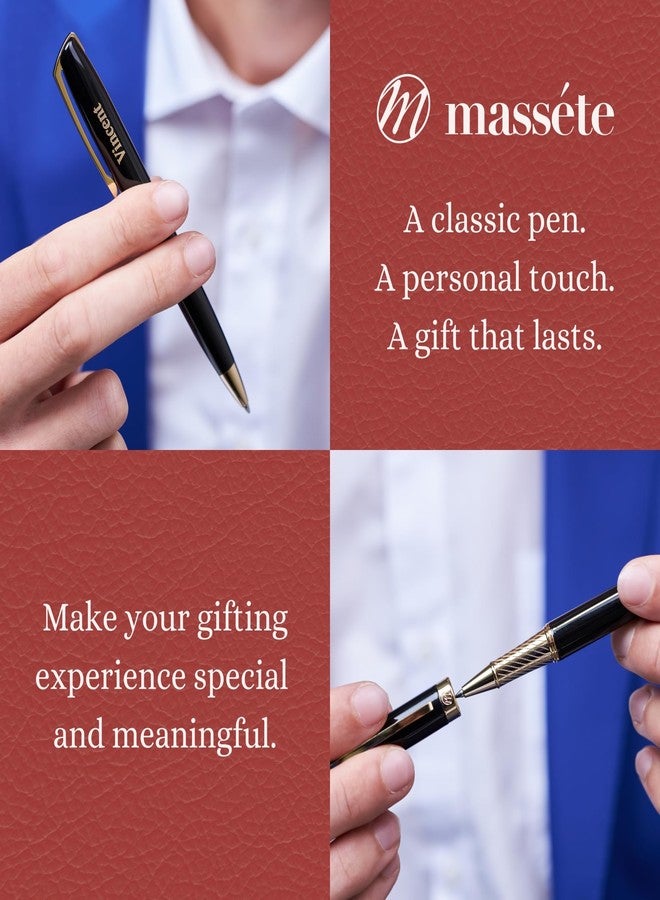 Massete Linea Executive Modern Luxury Rollerball Pen, Glossy Black with 23K Gold Plated Trim, Removable Cap, Engravable, Presented in Gift Box, Extra Refill Included, Fine Tip, Blue Ink - Image 4