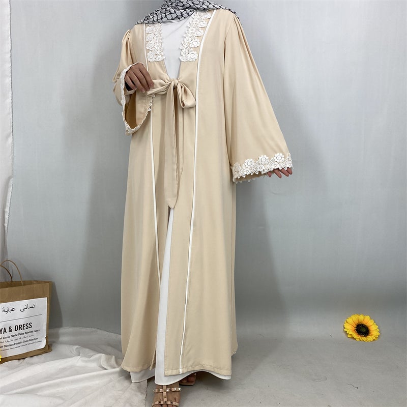 Elegant Lace Trim Cardigan Long Pocket Robe Border Fashion Modest Dress - Image 3