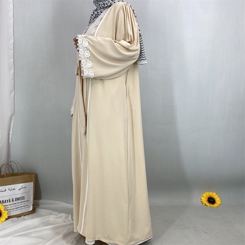 Elegant Lace Trim Cardigan Long Pocket Robe Border Fashion Modest Dress - Image 5