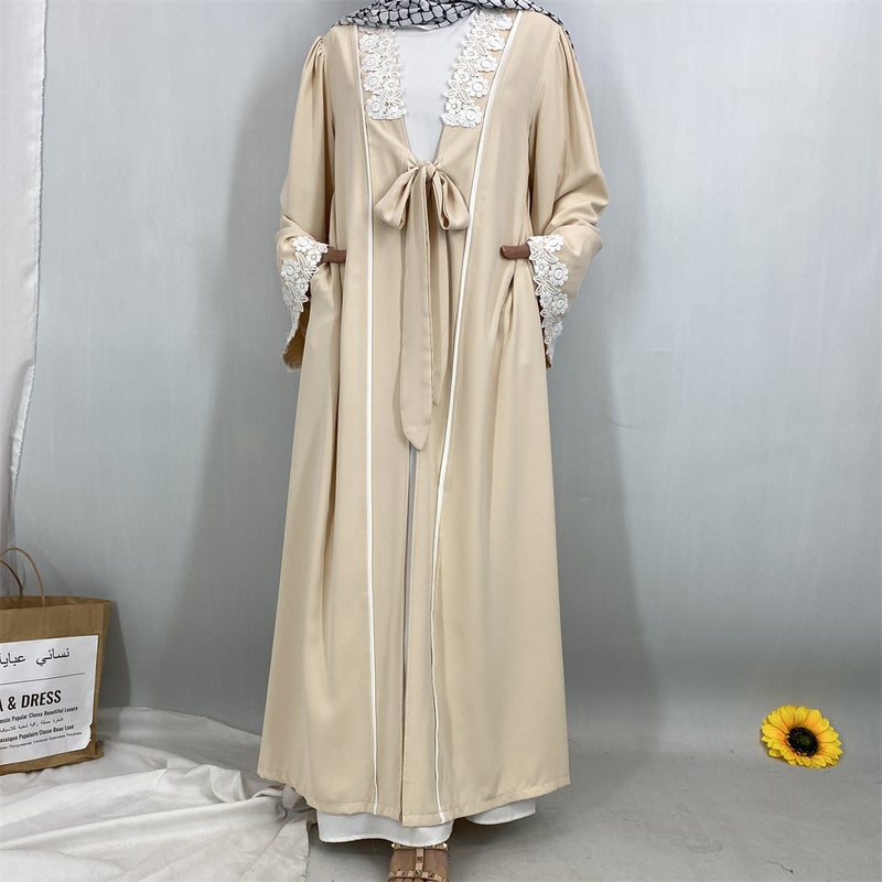 Elegant Lace Trim Cardigan Long Pocket Robe Border Fashion Modest Dress - Image 4