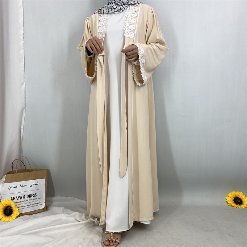 Elegant Lace Trim Cardigan Long Pocket Robe Border Fashion Modest Dress - Image 2