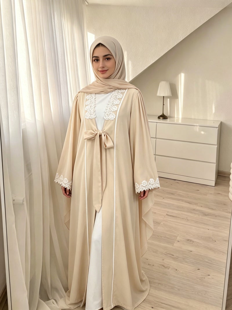 Elegant Lace Trim Cardigan Long Pocket Robe Border Fashion Modest Dress - Image 1