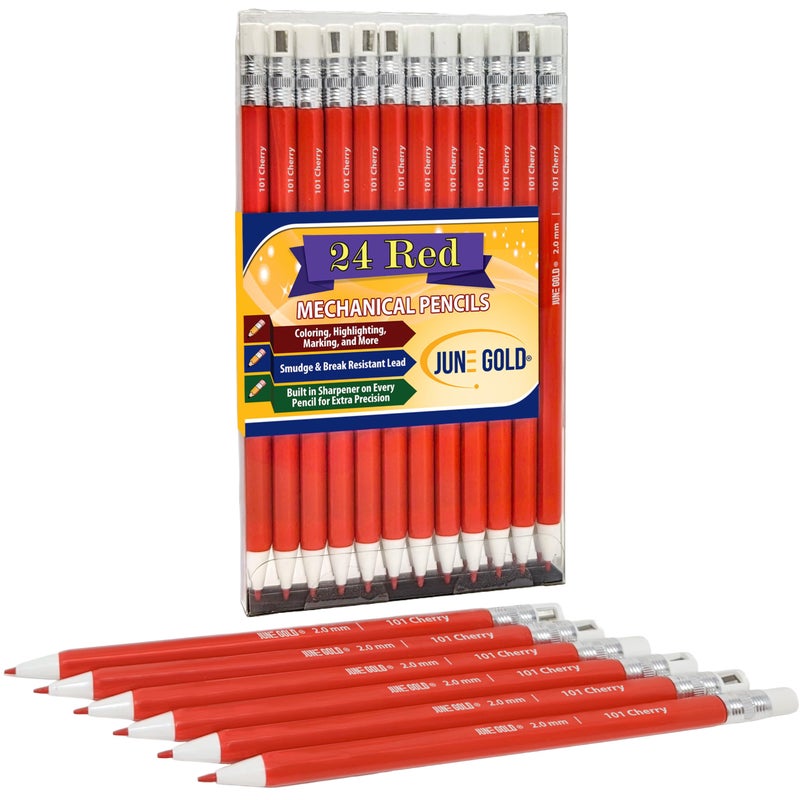 June Gold 24 Red 2.0 mm Mechanical Pencils with Red Color Leads, Bold Thickness, Built in Rear Sharpener (Cherry #101) - Image 1