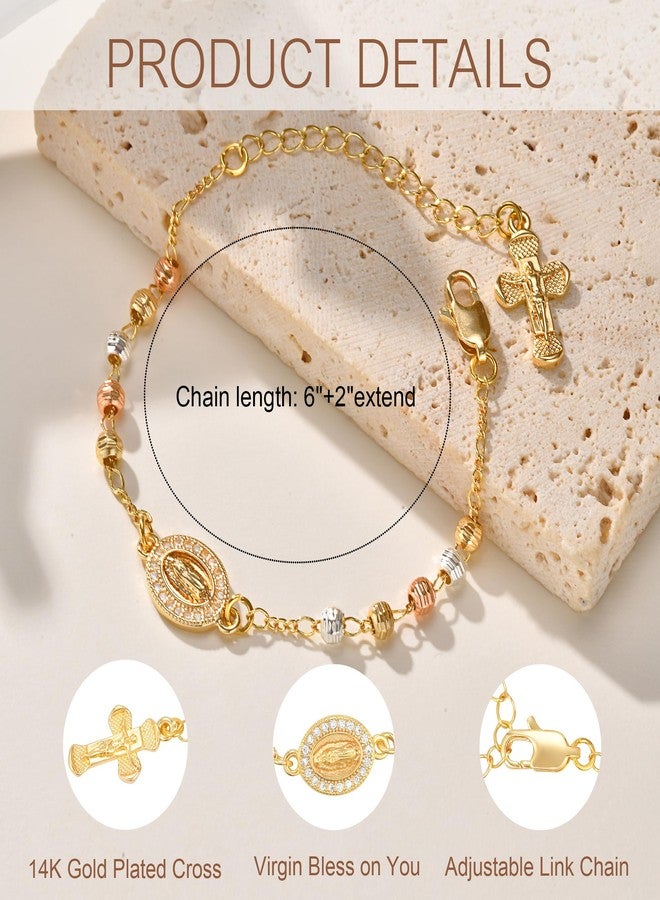 XUANPAI Women's Gold Virgin Mary Bracelet - 14k Gold Plated Rosary Beads Cross Bracelets,Hypoallergenic Non Tarnish Religious Rosarios Catolicos Virgen de Guadalupe Jewelry,Catholic Baptism Gifts for Her - Image 4