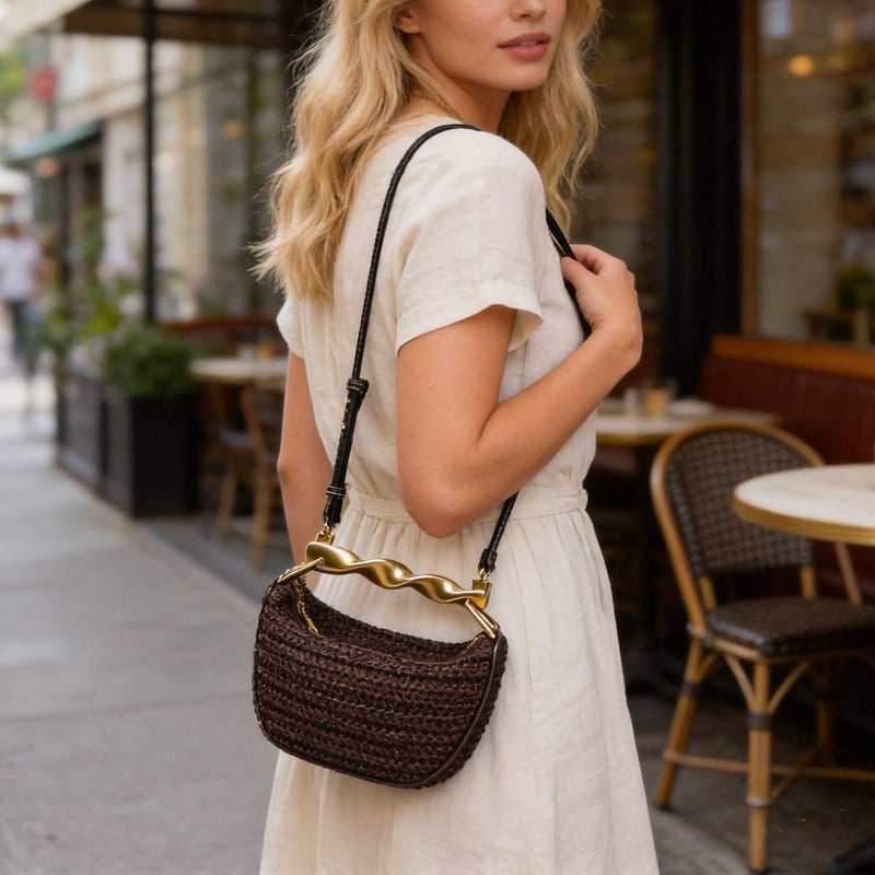 JYG Handmade Straw Crossbody Bags for Women Mini Summer Satchel Purse Fashion Woven Shoulder Handbags with 2 Straps Coffee - Image 3