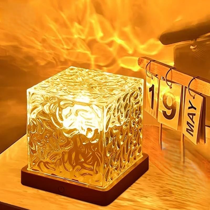Desidiya Acrylic Romantic Ocean Wave Night Light Projector Lamp, 3D Water Wave Effect Crystal Table Lamp with Remote Control (Battery Not Included), LED Projection for Bedroom Decor, Cube - Image 1