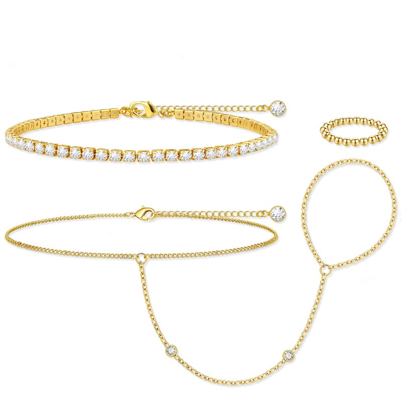 MOINSPIRE Gold Hand Chain Bracelet for Women-3PCS 14K Gold Plated Trendy Dainty Adjustable Stackable Tennis Link Ring Bracelet Hand Chain, Elastic Beaded Rings Non Tarnish Jewelry Gift for Women - Image 1