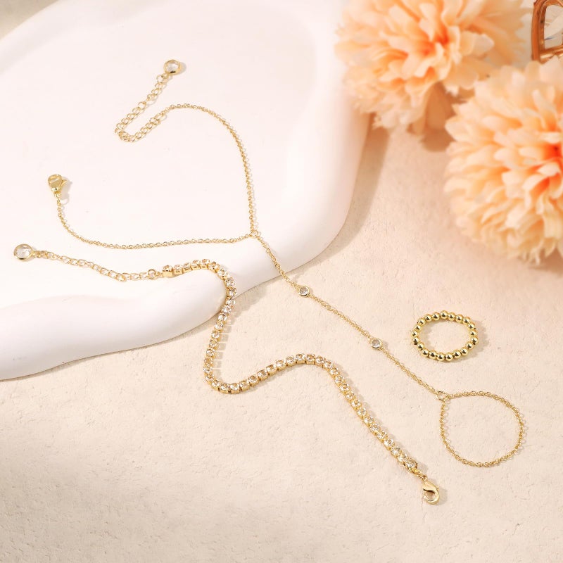 MOINSPIRE Gold Hand Chain Bracelet for Women-3PCS 14K Gold Plated Trendy Dainty Adjustable Stackable Tennis Link Ring Bracelet Hand Chain, Elastic Beaded Rings Non Tarnish Jewelry Gift for Women - Image 3