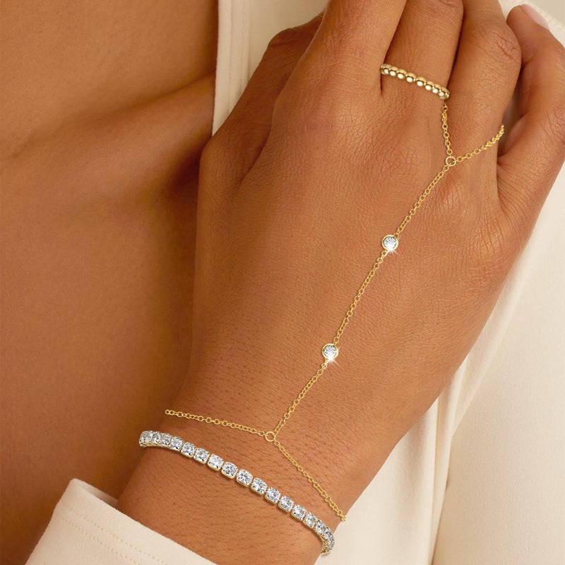 MOINSPIRE Gold Hand Chain Bracelet for Women-3PCS 14K Gold Plated Trendy Dainty Adjustable Stackable Tennis Link Ring Bracelet Hand Chain, Elastic Beaded Rings Non Tarnish Jewelry Gift for Women - Image 5