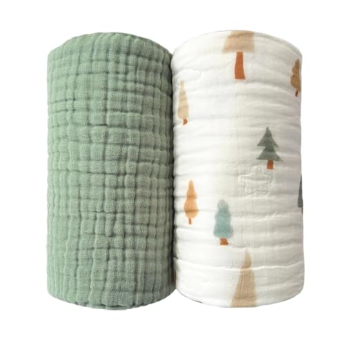 REPRECONF Pack of 2 Ultra Soft Cotton Muslin Baby Blanket Breathable Muslin Swaddle Blankets for Babies and Toddlers Boys Girls Newborn 43"X43" (Christmas Tree and Green) - Image 1