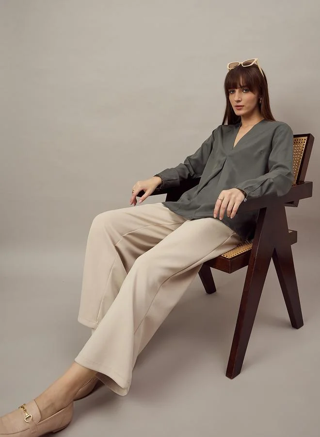 Kuwarii Grey Relaxed Fit Top with Fold Pleat