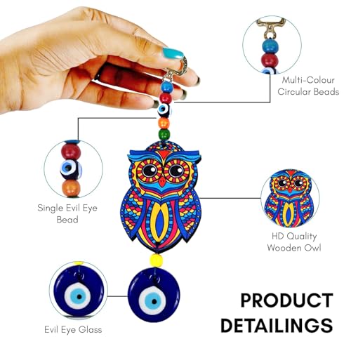 PACKNBUY Evil Eye Owl Hanging for Home Entrance Main Door Car Office Wall Decor Protection Good Luck Turkish Evil Eye Nazar Battu Vastu Feng Shui (Blue Design 1) - Image 4
