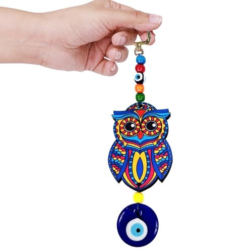 PACKNBUY Evil Eye Owl Hanging for Home Entrance Main Door Car Office Wall Decor Protection Good Luck Turkish Evil Eye Nazar Battu Vastu Feng Shui (Blue Design 1) - Image 1