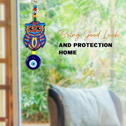 PACKNBUY Evil Eye Owl Hanging for Home Entrance Main Door Car Office Wall Decor Protection Good Luck Turkish Evil Eye Nazar Battu Vastu Feng Shui (Blue Design 1) - Image 5